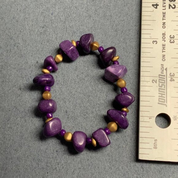 Organic Beaded Stretch Bracelet 7.5 In Purple Marbled Stone Gold Chunky Hippie R - Picture 5 of 5